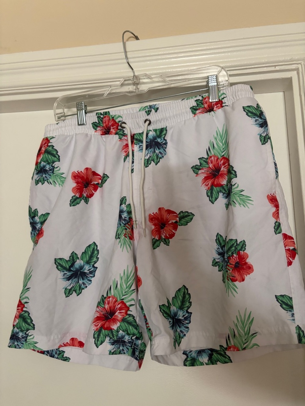 Club Room -White Floral Swim Trunks with Red & Green Hibiscus Print